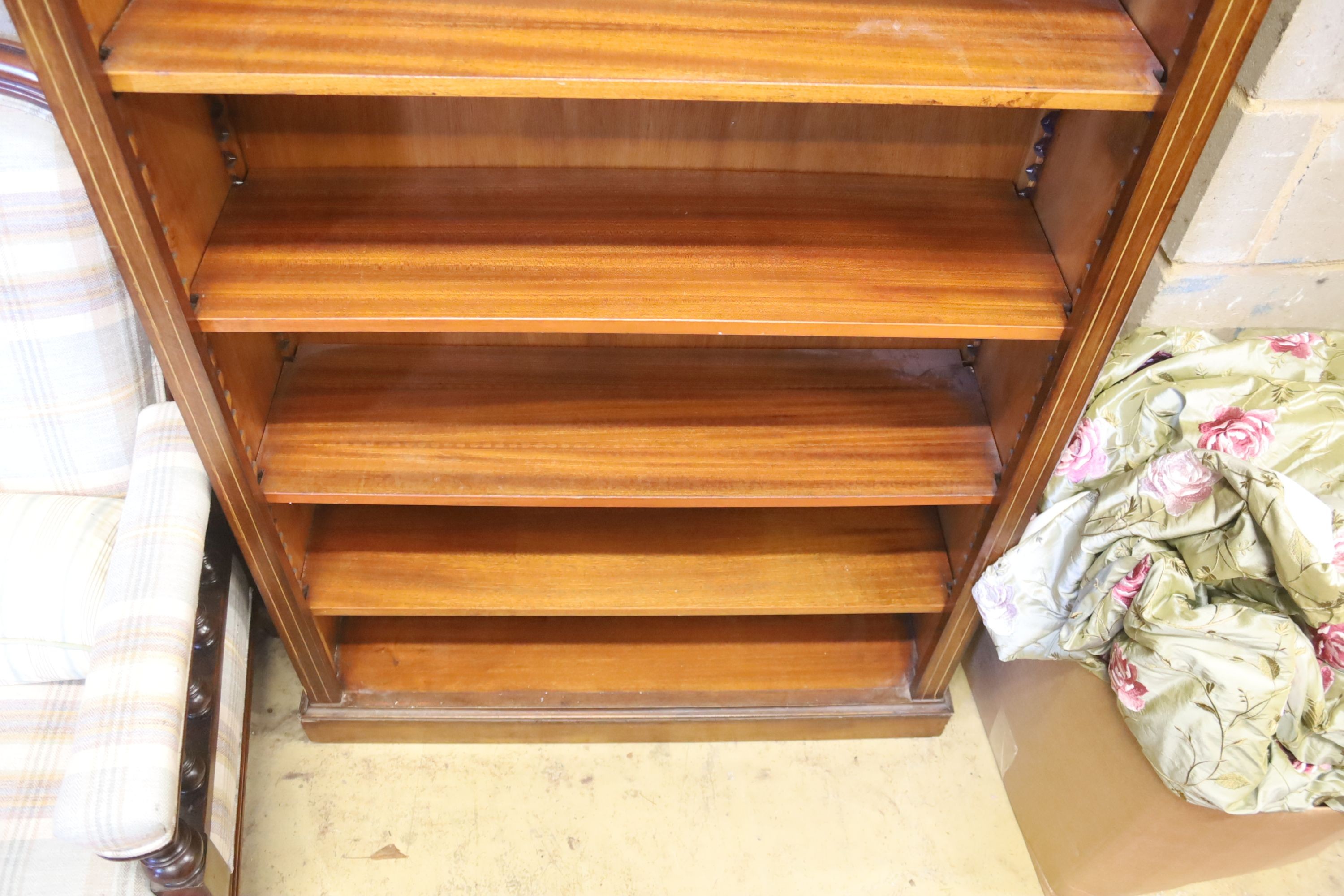 A reproduction Edwardian style banded mahogany open bookcase, width 98cm, depth 30cm, height 182cm